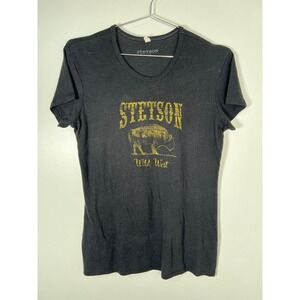 Stetson Wild West Buffalo Graphic T-Shirt Black Western Boho Distressed Large